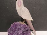 a white bird sitting on top of a purple rock