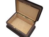 a small wooden box with a lid on a white background