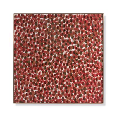 une peinture représentant des points rouges et marron sur fond blanc