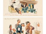 deux dessins représentant un homme et une femme assis à une table avec des blocs