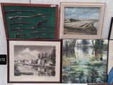 a lot of framed pictures on the wall of a room