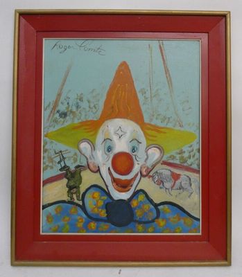 peinture d'un clown avec un chapeau rouge et une chemise bleue