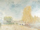une peinture d'une rivière avec un pont à l'arrière-plan