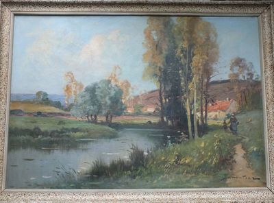 peinture d'un paysage avec une rivière et des arbres au premier plan
