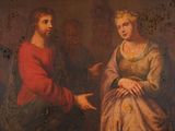 an old painting of a man and a woman sitting next to each other
