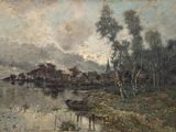 painting of a river scene with a boat in the foreground and trees in the background