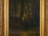 a painting of a forest scene with trees in the foreground