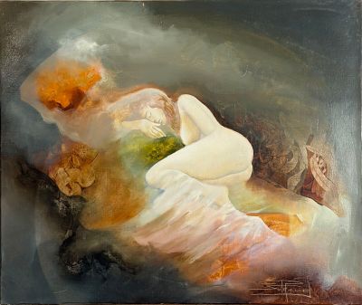 an oil painting of a woman laying down on a bed