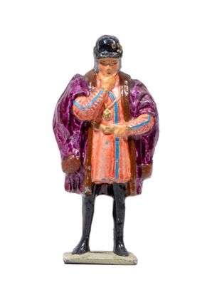 figurine of a man dressed in a purple coat and hat