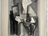 une image représentant un dessin d'une table sur laquelle se trouvent une lampe et un vase