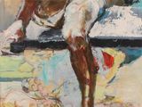 an image of a painting of a man sitting on a bench