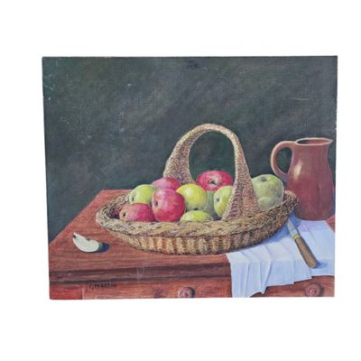 un tableau représentant un panier de pommes posé sur une table