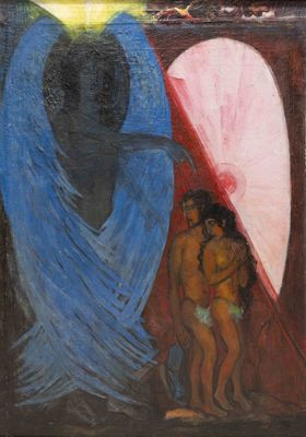 une peinture à l'huile représentant une femme et un enfant avec des parapluies