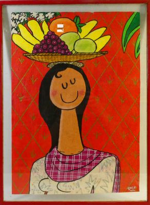 a painting of a woman with a basket of fruit on her head
