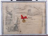 a picture of a framed picture with a red ribbon on it