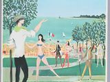 tableau représentant un homme et une femme jouant au tennis dans un parc