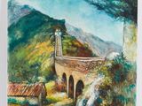 an oil painting of a small bridge over a river with a mountain in the background