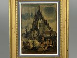 une image représentant un tableau d'un château dans un cadre doré