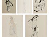 quatre croquis différents représentant un homme avec un chapeau et un sac