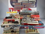 a lot of toy trains on display in a display case