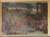 une peinture accrochée au mur d'un immeuble, entourée d'une foule de gens