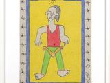 painting of a man in a red shirt and green pants with a yellow background