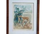framed watercolor painting of a deer and her fawn by a tree