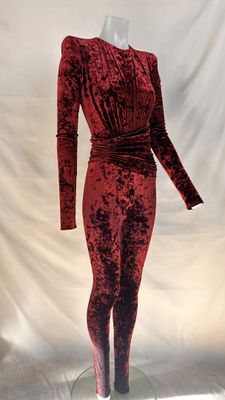 a mannequin in a red velvet dress on a white background