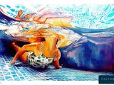 un tableau représentant un homme et une femme dans une piscine