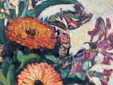 an oil painting of a vase filled with flowers on a table