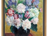 a painting of flowers in a vase on a table