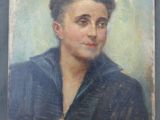 une peinture à l'huile représentant une femme en chemise bleue