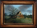 une peinture à l'huile représentant une maison dans un champ, avec un arbre en arrière-plan