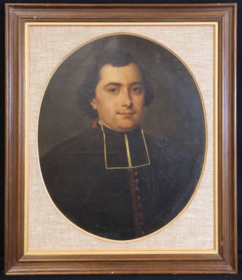 a painting of a man in a black coat with a red collar