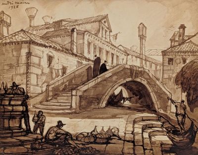 a drawing of a boat going under a bridge