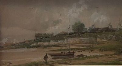 une image d'un tableau représentant un bateau sur la plage