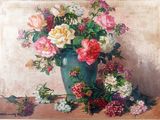 a painting of a vase of flowers on a table