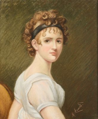 portrait d'une jeune femme vêtue d'une robe blanche et portant un bandeau noir