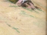 a painting of a woman sitting on a hill with a dog