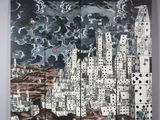 a painting of a city with a lot of dice on it