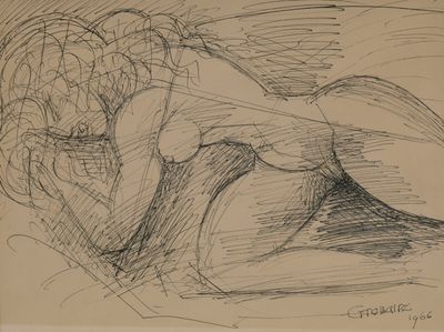 drawing of a woman laying on a bed with her head on a pillow