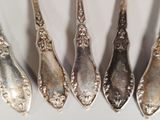 five silver spoons are lined up in a row on a table