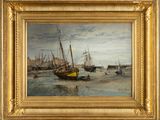 une peinture à l'huile représentant des bateaux dans un port par temps nuageux
