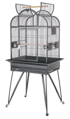 une grande cage à oiseaux noire, munie de roulettes et d'une poignée en bois