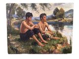 tableau représentant deux garçons assis au bord d'une rivière