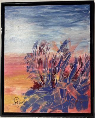 une peinture à l'huile représentant un tableau représentant une scène de plage, dans un cadre noir