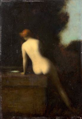 une image représentant un tableau d'une femme nue assise sur un rebord