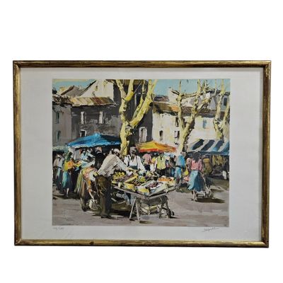 painting of a market scene with a man selling fruit and vegetables