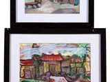 deux tableaux encadrés représentant une scène de rue avec un homme et une femme
