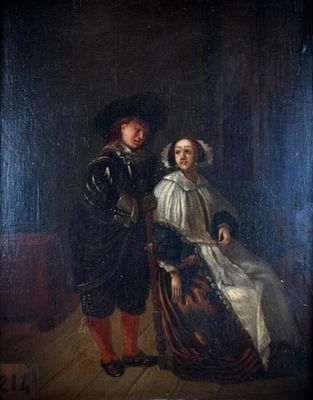 un vieux tableau représentant un homme et une femme debout l'un à côté de l'autre
